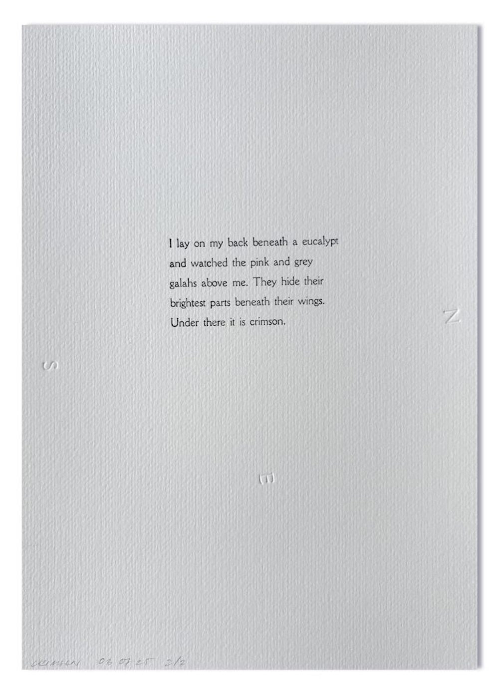One of Beth George's  prints with letterpress text in the middle of page on a textured white background