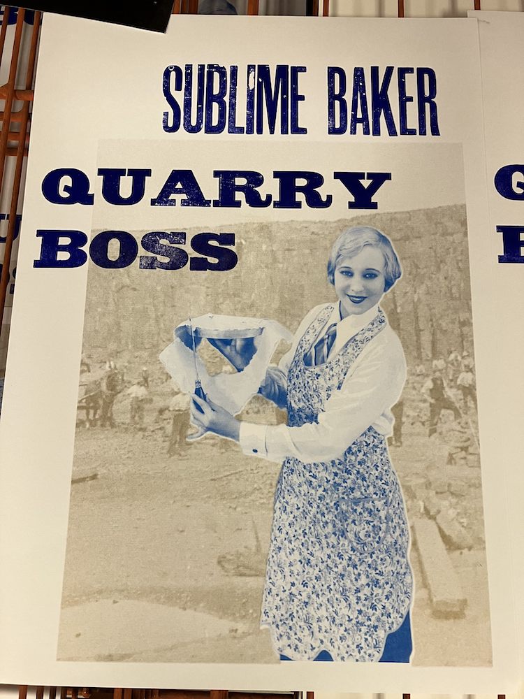 Vintage-style poster by Chris Arnold with a woman holding a baby, text 'Sublime Baker Quarry Boss', and a sepia-toned background.