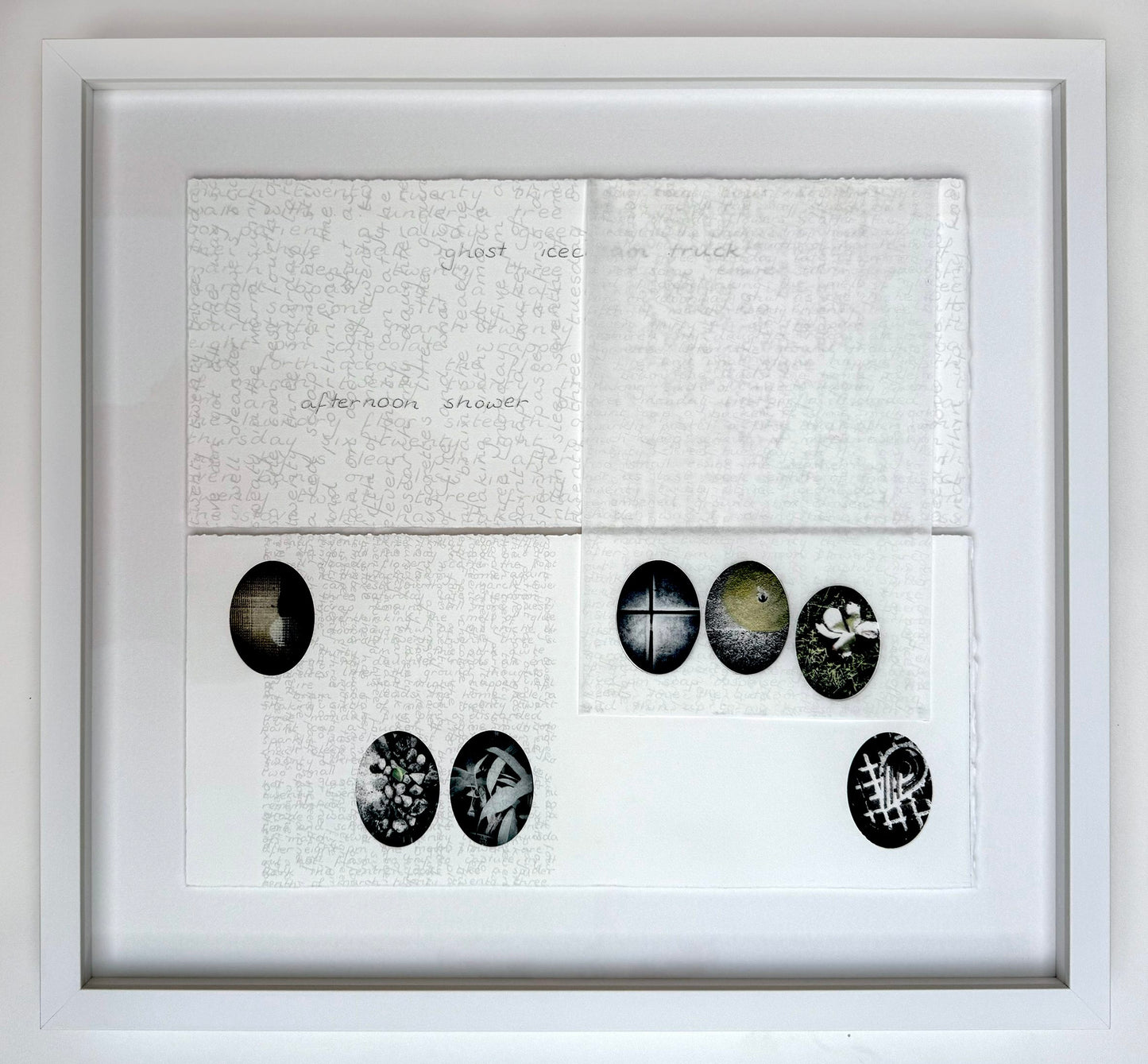 One of Vanessa Wallace's framed artwork featuring book pages with black and white circular patterns and text 