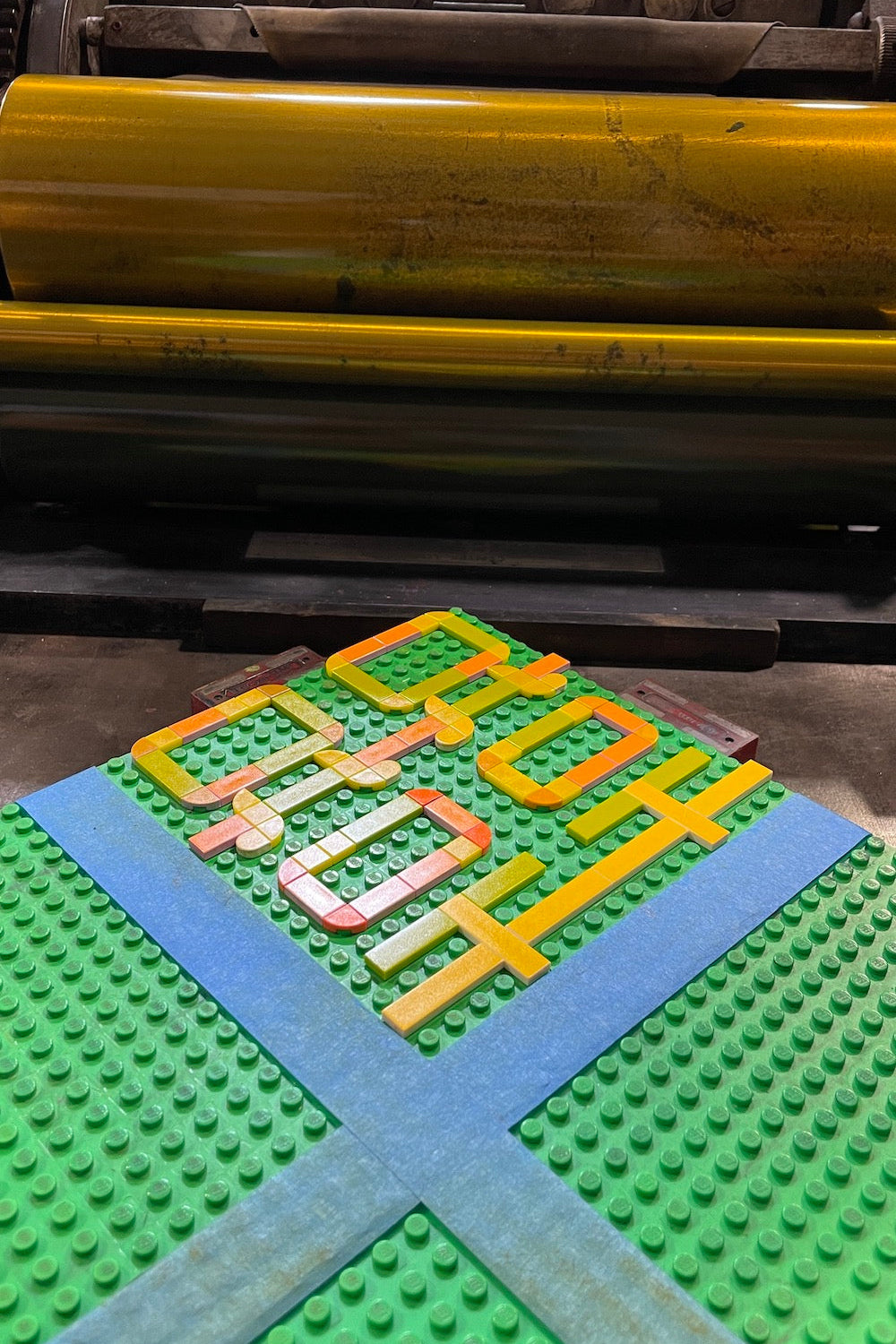 Chinese character "Double Happiness" designed using lego tiles, on the printing press