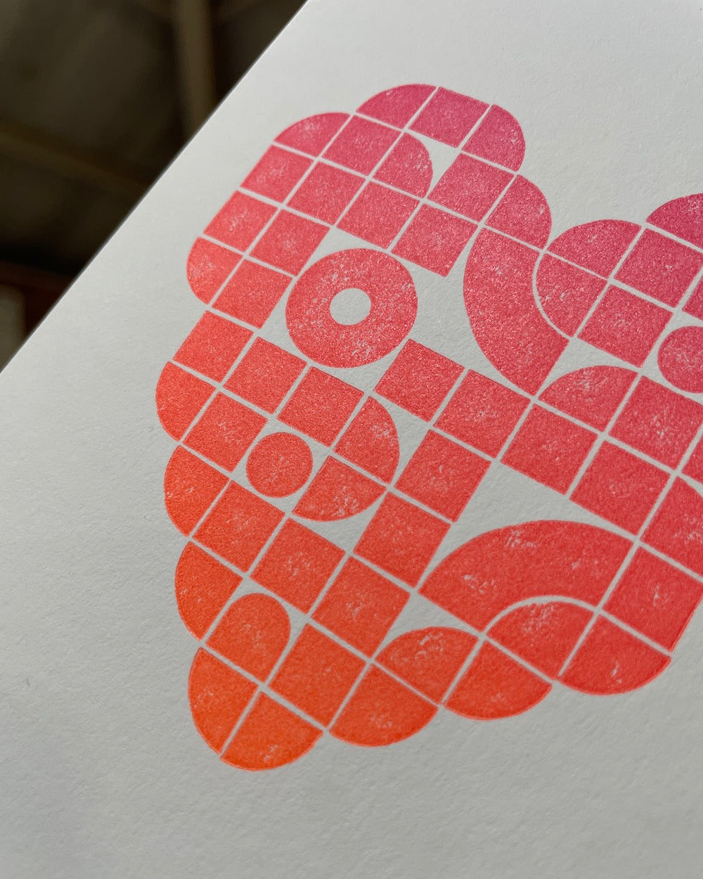 Close up fo the printed heart design created with lego tiles.