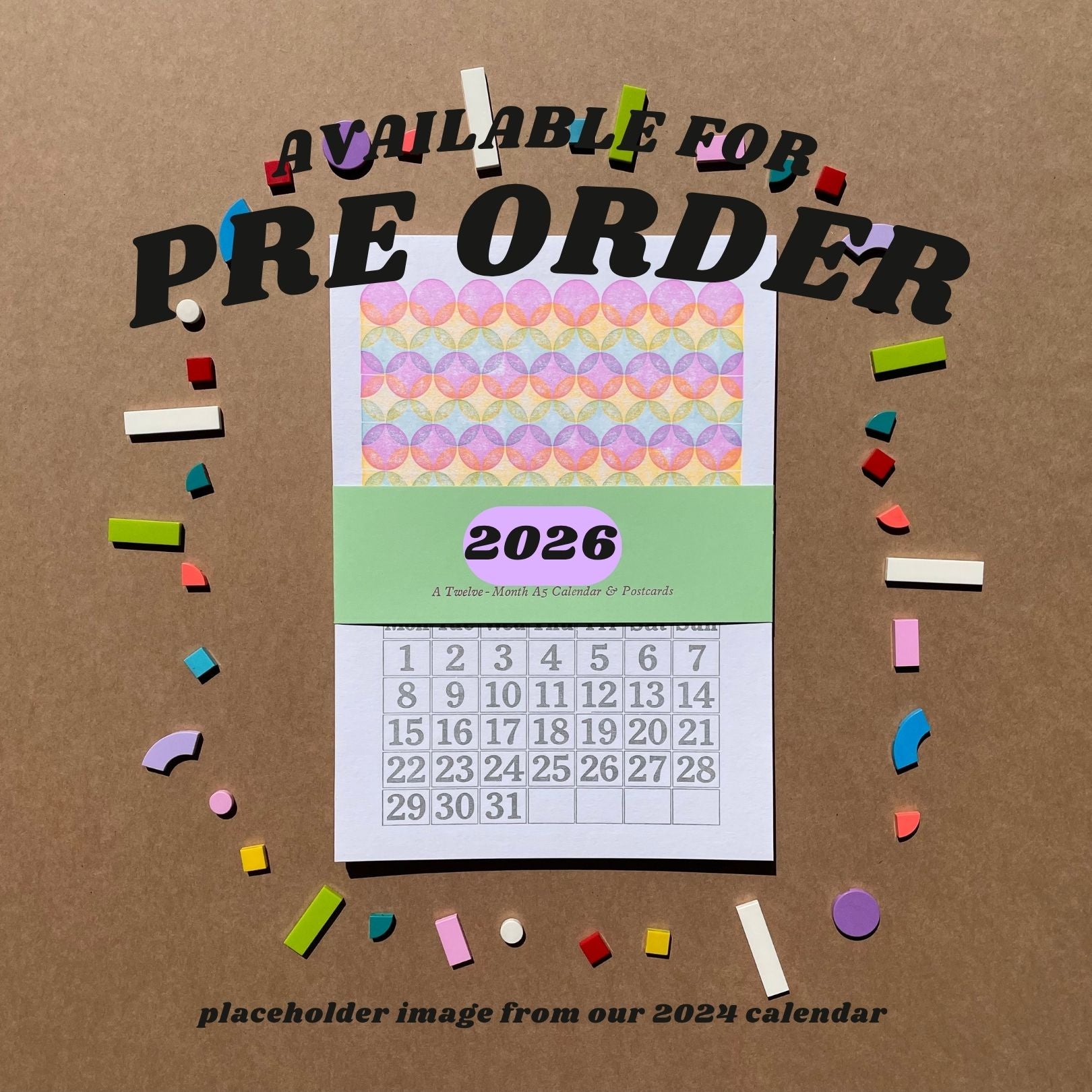 Placeholder image of a 2026 calendar with colorful confetti on a brown background