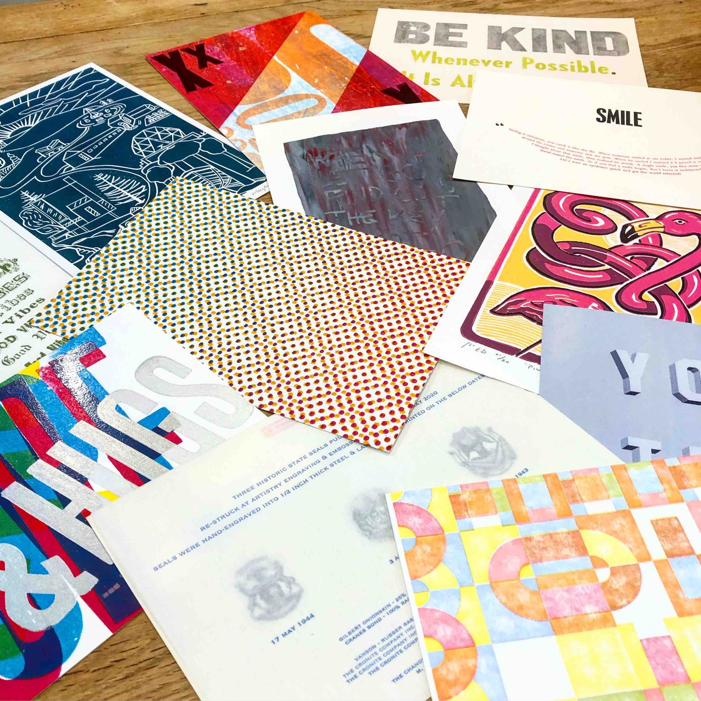Assorted prints from various print exchange participants in 2020.