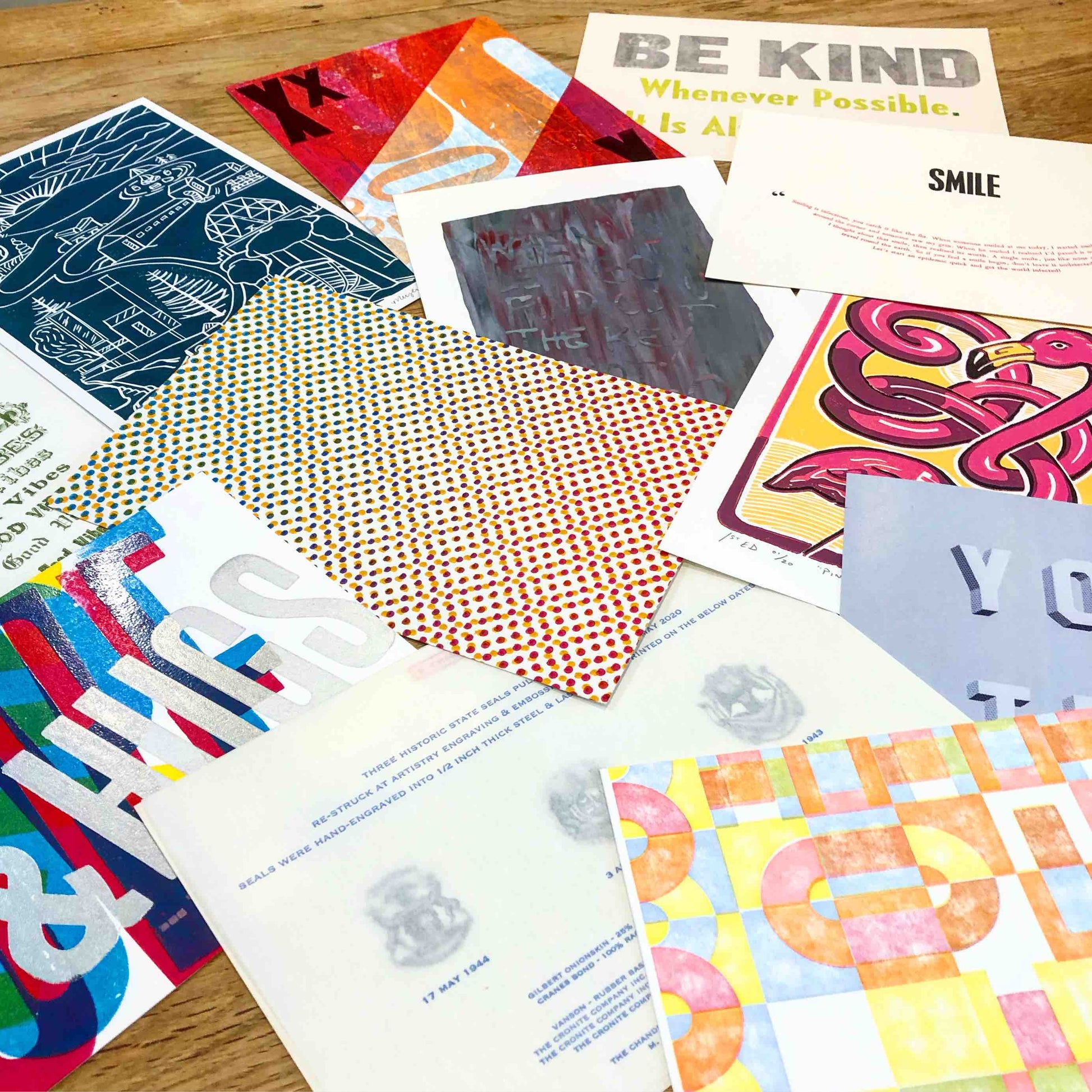 Assorted prints from various print exchange participants in 2020.