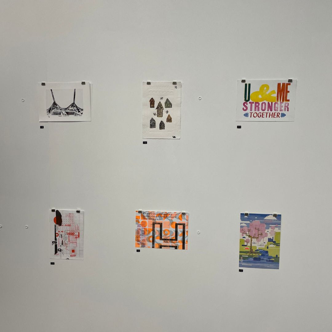 Prints on display at Bright Press from the 2023 Print Exchange Exhibition